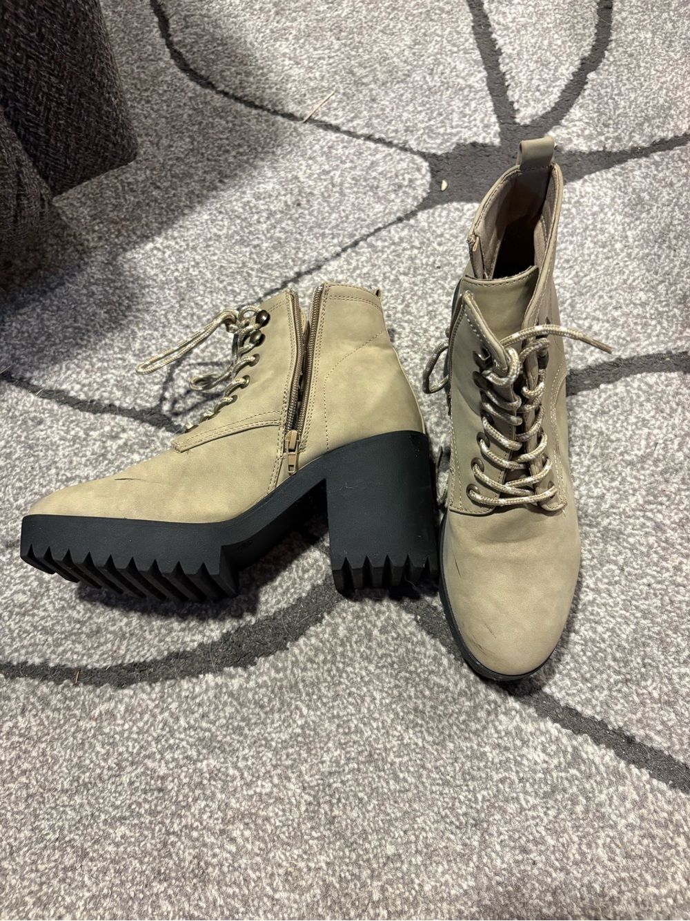 Seven7 Taupe Lace-Up Chunky Lug Heel Ankle Boots with Side Zip
